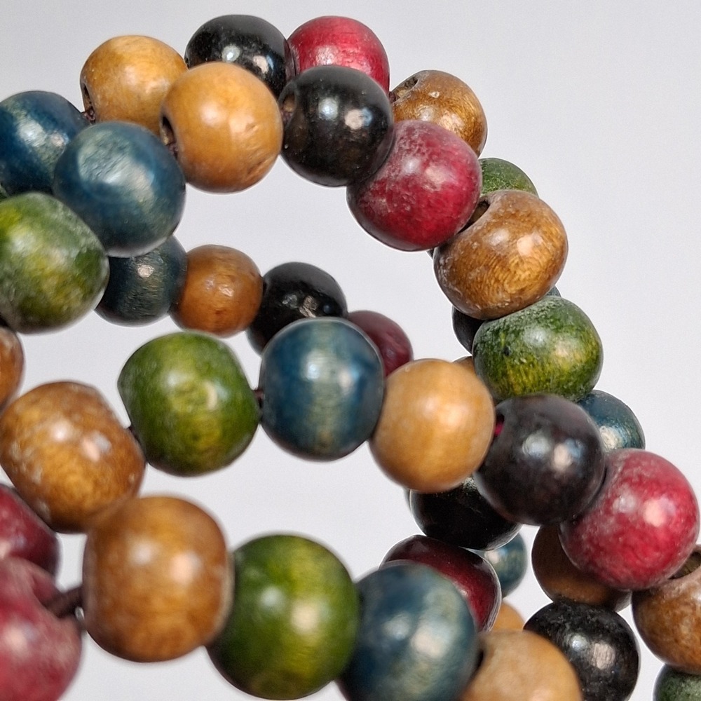 Multi-Color Wood Bead Boho Cuff Bracelet with Carved Wood Buckle Clasp 7.5+" - Picture 5 of 9